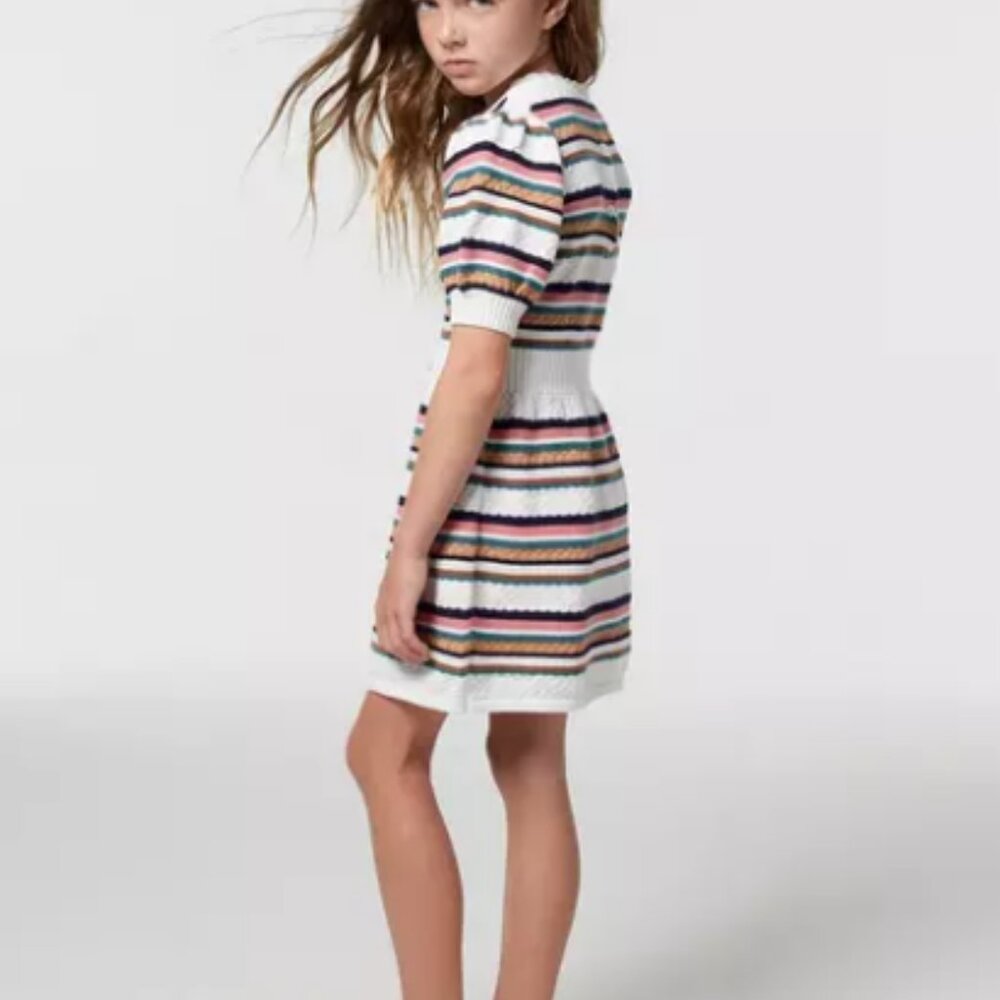 Janie and Jack Striped Puff Sleeve Sweater Dress Size Girl 16.  Jet Ivory stripe